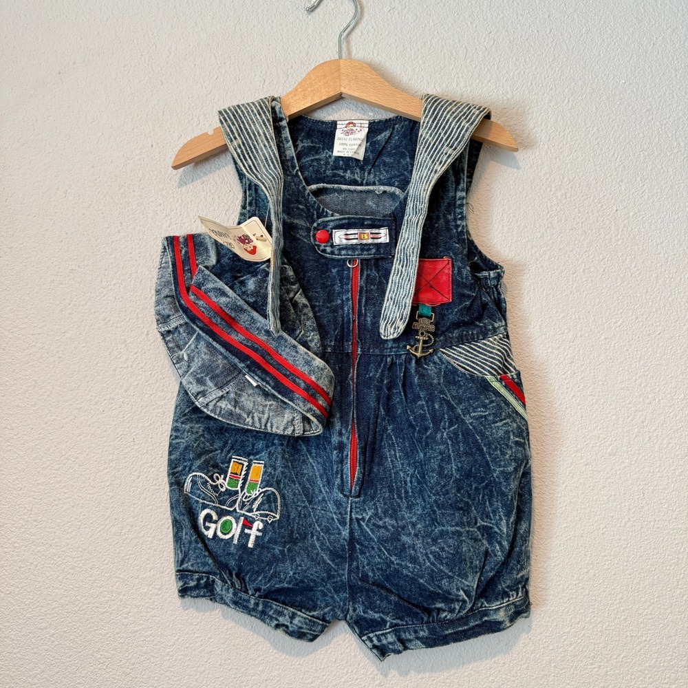 Vintage Great Flamingo Kids Acid Wash Denim Sailor Romper Hat Set Size 3 NWT
